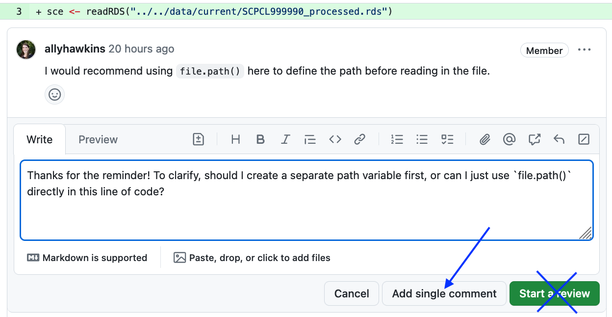 Reply to a review comment from the Files changed tab.